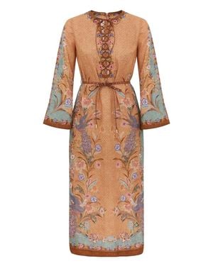 Zimmermann Style Linen Tie-Front Mini Dress With Detachable Belt, -Tone Details, Side Slits (Size 0) - Natural