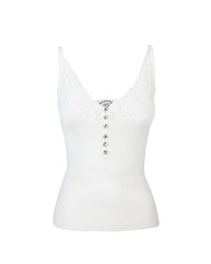 Self-Portrait Ribbed Top With Lace Trim - White
