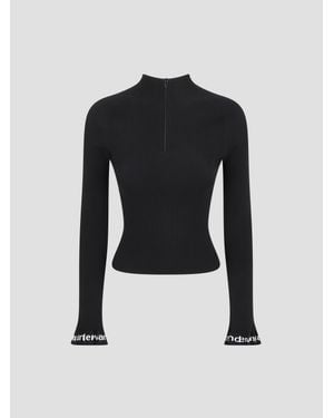 Alexander Wang Ribbed Long Sleeve Zip Turtleneck Pullover With Logo - Black