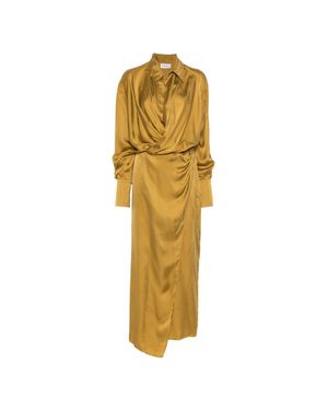 ANDAMANE Draped Waist Plunge V-Neck Wrap Mini Dress With Pointed Collar & Side Split - Metallic