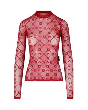 Marine Serre Sheer Mesh Mock Neck Long Sleeve Top - Red