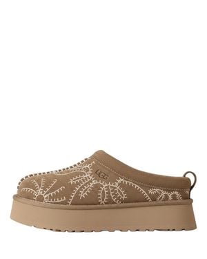 UGG Suede Mini Platform Sandals With Rear Pull Tab And Embroidered Detail - Brown