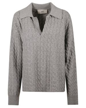 Ami Paris Cable-Knit Wool Polo Shirt - Gray