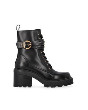 Pinko Leather Lace-Up Combat Ankle Boots - Black
