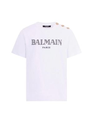 Balmain Cotton Neck T-Shirt With Logo Buttons For Boys - White