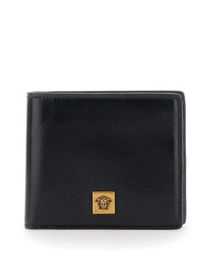 Versace Leather Bi-Fold Wallet With Metallic Logo, 11X9 Cm - Black