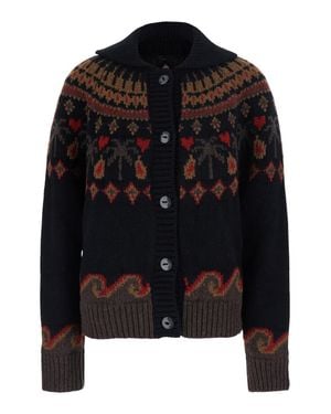 Alanui Sweet Winter Scarf Collar Cardigan With Geometric Wool Motif - Black
