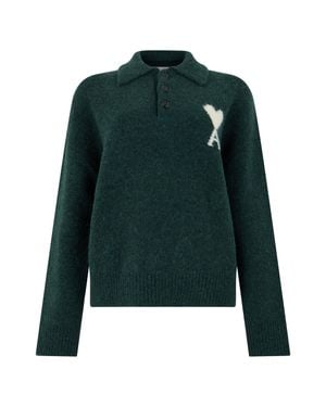 Ami Paris Alpaca Blend Polo Sweater With Contrasting Trim - Green