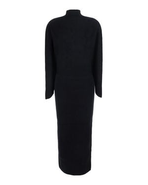 Semicouture Tech Fabric Midi Knit Dress With V-Neck And Long Sleeves - Black