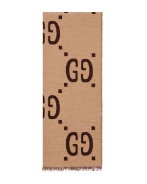 Gucci Gg Jacquard Wool Silk Scarf W 35Cm X L 190Cm - Natural