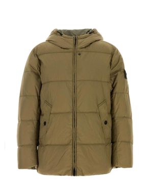Stone Island Padded Hooded Jacket With Adjustable Drawstring, Slanted Snap Pockets & Two-Way Zip - Green