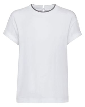 Brunello Cucinelli Embroidered Collar Cotton T-Shirt - White