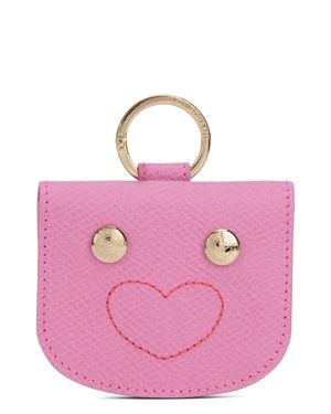 Longchamp Leather Card Holder With Metal Ring, 10 Cm X 8.5 Cm - Pink