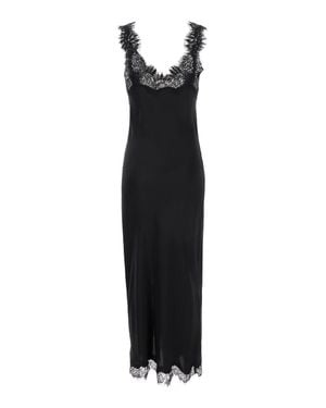 Gold Hawk Long Silk Slip Dress With Tone-On-Tone Lace Trimmings And Front Slit - Black