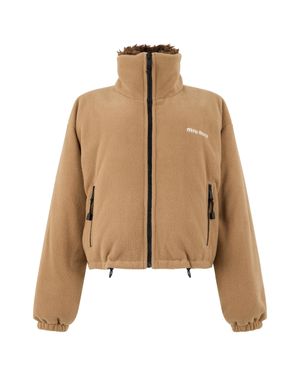 Miu Miu Mini Puffer Jacket With Zip And High Collar - Natural
