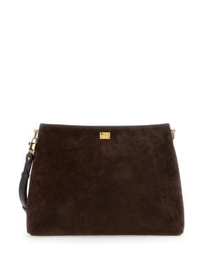 Dolce & Gabbana Suede Shoulder Handbag With Magnetic Front Closure & Logo Plaque, Removable Adjustable Strap, 40X30X15 Cm - Brown