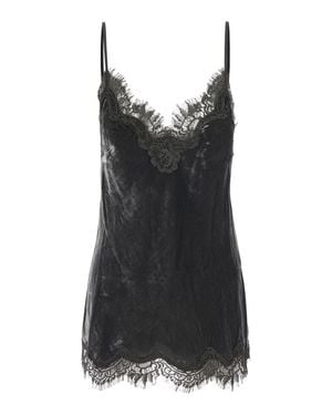 Gold Hawk Velvet V-Neck Top With Lace Trim And Spaghetti Straps - Black