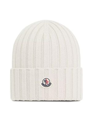 Moncler Rib Knit Logo Patch Beanie, Gauge 5, 100% Virgin Wool - White