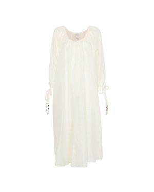 120% Lino V-Neck Long Linen Cotton Dress With Adjustable Cuffs - White