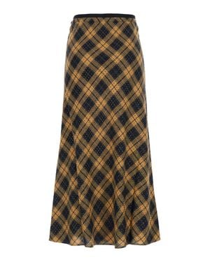 Pinko Rhinestone Check Viscose Skirt With Logo Lettering Waistband - Green