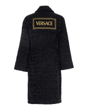 Versace Cotton Bathrobe With Medusa Plaque And Maxi Logo, Scarf Collar, Removable Belt - Black
