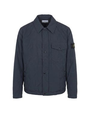 Stone Island Down Jacket With Classic Collar Button & Zip Closure - Blue