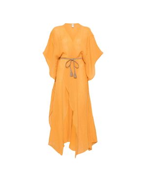 120% Lino Long Linen Dress With Adjustable Waist Belt And Short Sleeves - Orange