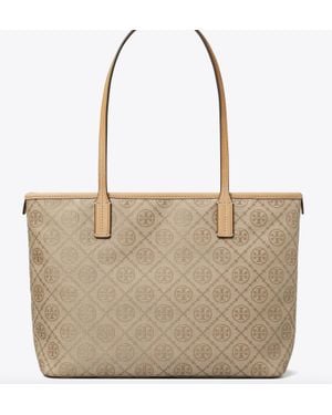 Tory Burch Monogram Sm Zip Tote Handbag - Natural