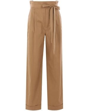 Saint Laurent Belted Pleated Straight Leg Pants - Natural