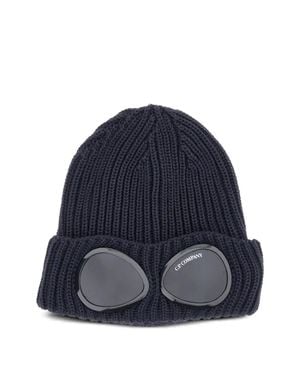 C.P. Company Ribbed Wool Goggle-Lens Knit Hat With Stitched Logo Label - Blue