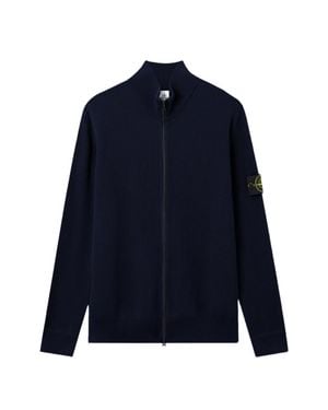 Stone Island Logo-Patch Ribbed-Knit Zip-Front Cardigan - Blue