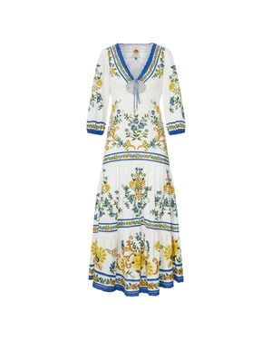 FARM Rio Floral Print Midi Dress With V-Neck Drawstring And Wide Three-Quarter Sleeves - White