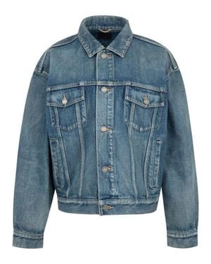 Saint Laurent Inspired Denim Jacket With Button Front And Pockets - Blue
