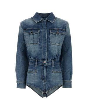 Self-Portrait Embellished Denim Jumpsuit - Blue
