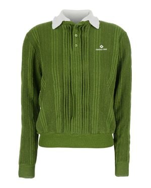 ShuShu/Tong Polo Collar Linen Knit Top With Front Logo Lettering - Green