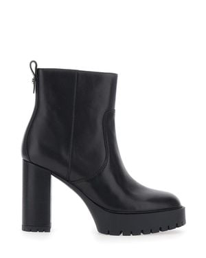 Pinko Clara Leather Ankle Boots With High Heel, Serrated Sole & Slip-On Zip Closure - Black