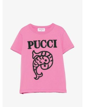 PUCCI Girls Crew Neck T-Shirt With Embroidered Front Logo - Pink