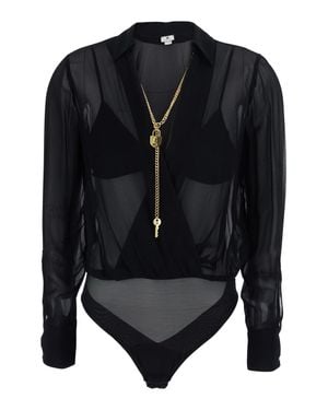 Elisabetta Franchi Deep V-Neck Chain-Detail Bodysuit With Semi-Transparent Wrap - Black