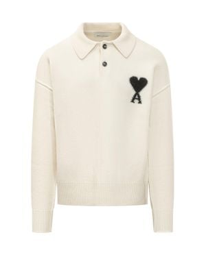 Ami Paris Contrast Knit Polo Sweater - White