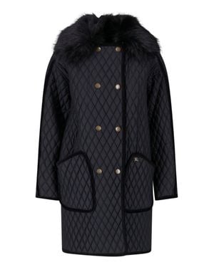 Burberry Quilted Hooded Coat With Faux Fur Trim - Black