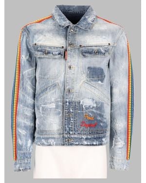 DSquared² Distressed Denim Trucker Jacket With Striped Sleeve Detail - Blue