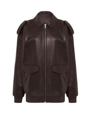 Frankie Shop Oversized Leather Jacket With Ribbed Trim - Brown