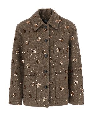 Le Plain Notched Collar Mini Sequin Short Jacket With Wool Blend - Brown