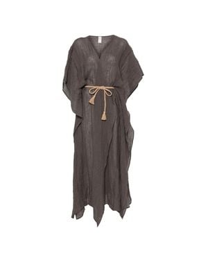 120% Lino Long Linen Dress With Adjustable Waist Belt And Short Sleeves - Gray