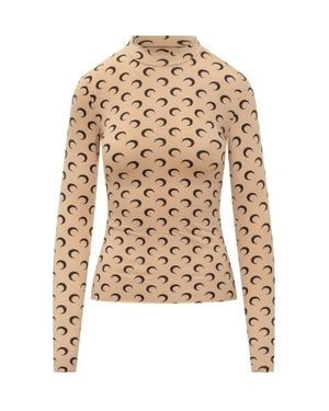 Marine Serre High-Neck Long Sleeve Geometric Print Top - White