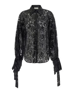 Blumarine Lace Rebrodé Tech Fabric Shirt With Classic Collar And Button Front - Black