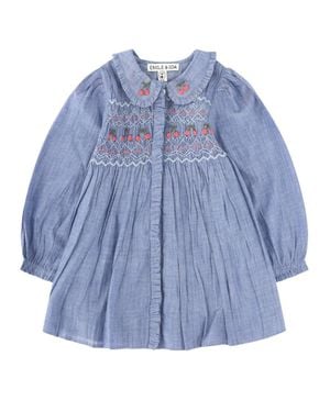 Emile Et Ida Embroidered Chambray Mini Robe Smock Dress For Girls - Blue
