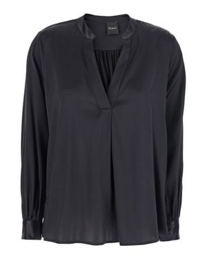 Le Plain Silk V-Neck Blouse With Buttoned Cuffs And Pull-On Long Sleeves - Black