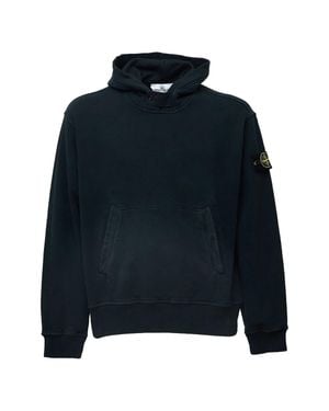 Stone Island Hooded Snap-Button Collar Sweatshirt With Kangaroo Pockets - Blue