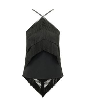 ANDAMANE Asymmetrical Fringed Halter Top - Black